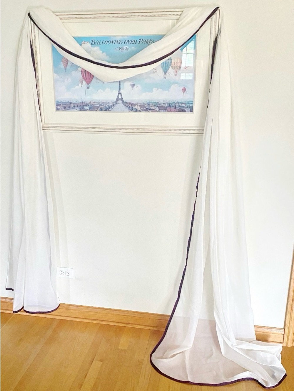 Sheer Window Scarf Valance Off White Eggplant Satin Edge 57x216 Curtain Panel